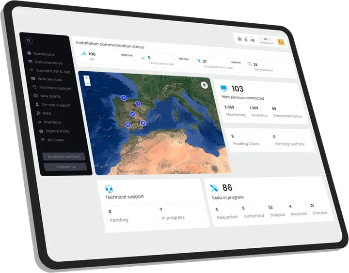 El portal en una tableta, con el panel de instalaciones y el mapa